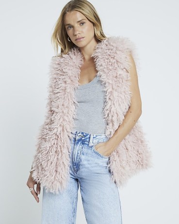 RIVER ISLAND Pink Shaggy faux fur longline Gilet ~ women’s textured gilets ~ womens 70s vintage style sleeveless jackets