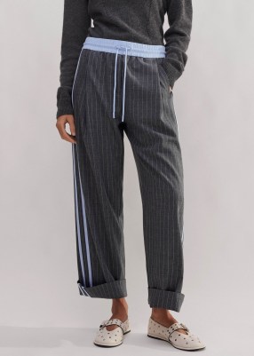 ME AND EM Pinstripe Tapered Track Pant in Grey/Chambray / women’s striped relaxed fit drawcord jogger / womens chic drawstring waist trousers / luxury casual clothing