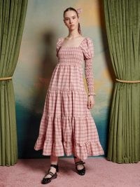 sister jane The Swan Dance Pointe Check Midi Dress in Pink & Red ~ tiered vintage style dresses