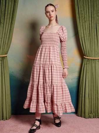 sister jane The Swan Dance Pointe Check Midi Dress in Pink & Red ~ tiered vintage style dresses