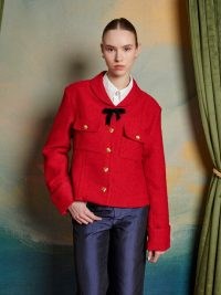 sister jane The Swan Dance Poise Boucle Jacket in Ruby Red ~ women’s bright textured gold button jackets