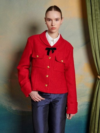 sister jane The Swan Dance Poise Boucle Jacket in Ruby Red ~ women’s bright textured gold button jackets