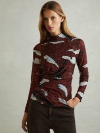 Reiss Vanna Printed Ruched Top in Burgundy / long sleeve high neck side gathered tops