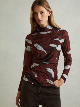 Reiss Vanna Printed Ruched Top in Burgundy / long sleeve high neck side gathered tops