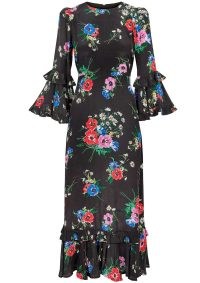 QUEENS OF ARCHIVE Amelie Dress in Wild Poppy / black floral fluted sleeve midi dresses / ruffled fashion