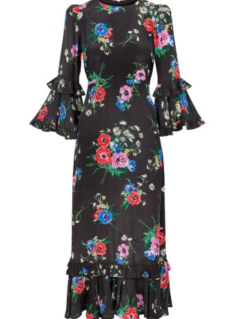 QUEENS OF ARCHIVE Amelie Dress in Wild Poppy / black floral fluted sleeve midi dresses / ruffled fashion