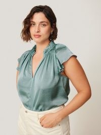 JIGSAW Recycled Satin Frill Neck Top / silky flutter sleeve tops