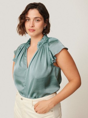 JIGSAW Recycled Satin Frill Neck Top / silky flutter sleeve tops