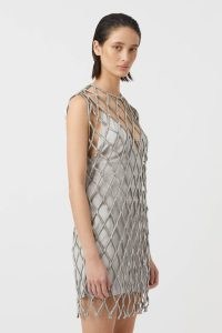 CAMILLA AND MARC Rococo Crochet Midi Dress in Silver ~ sheer embellished cocktail dresses with under slip ~ luxe evening occasion clothes ~ luxury event fashion