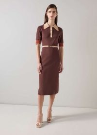 L.K. BENNETT Rosey Chocolate Multi Chain Belt Trim Milano Knit Dress ~ women’s dark brown short sleeve collared dresses