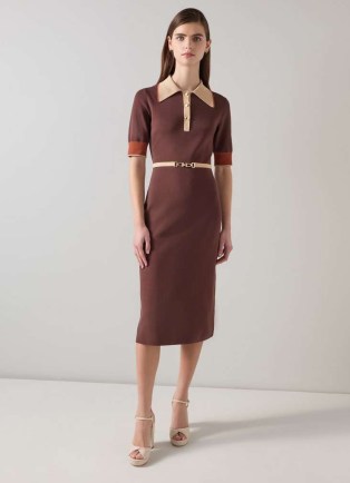 L.K. BENNETT Rosey Chocolate Multi Chain Belt Trim Milano Knit Dress ~ women’s dark brown short sleeve collared dresses