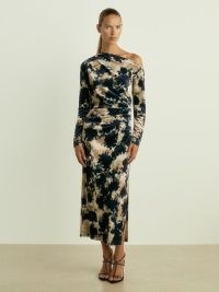 REISS Briana Ruched Abstract-Print Velvet Dress in Navy – asymmetric off the shoulder evening occasion dresses – luxe style event clothing