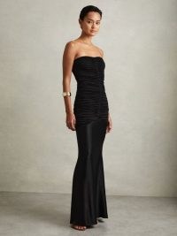 REISS Selina Strapless Ruched Maxi Dress in Black – chic strapless fitted evening event dresses – women’s formal occasion clothing