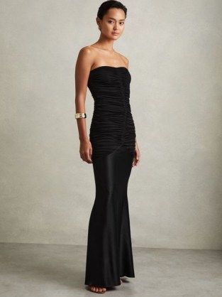 REISS Selina Strapless Ruched Maxi Dress in Black – chic strapless fitted evening event dresses – women’s formal occasion clothing