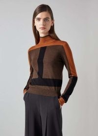 L.K. BENNETT Selma Conker Polo Jumper ~ women’s tonal brown colour block high neck jumpers