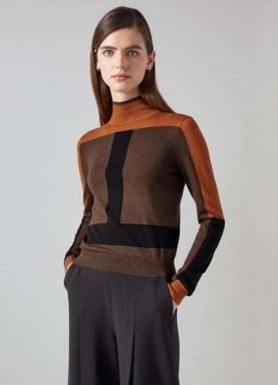 L.K. BENNETT Selma Conker Polo Jumper ~ women’s tonal brown colour block high neck jumpers