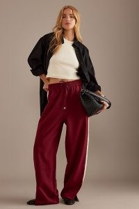 Anthropologie Side Stripe Track Pants in Burgundy / women’s dark red drawstring waist jogger / womens drawcord slit hem joggers