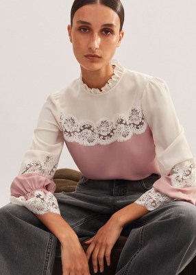 ME AND EM Silk Colour Block Lace Trim Blouse in Light Cream / Smoke Pink / feminine long sleeve high ruffle neck blouses / colourblock clothing