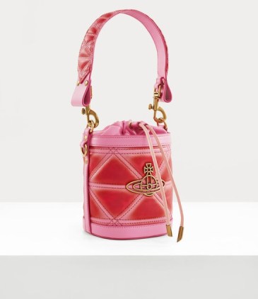 Vivienne Westwood Small Kitty Bucket Bag in Pink/Red ~ leather drawsting top handle bags ~ designer handbags with iconic motifs