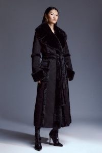 KAREN MILLEN Tall Faux Shearling Collar & Cuff Tie Belt Maxi Coat in Black / women’s glamorous winter coats