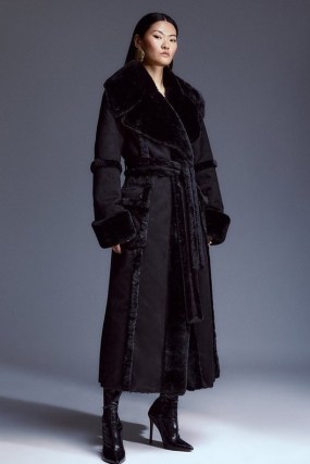 KAREN MILLEN Tall Faux Shearling Collar & Cuff Tie Belt Maxi Coat in Black / women’s glamorous winter coats