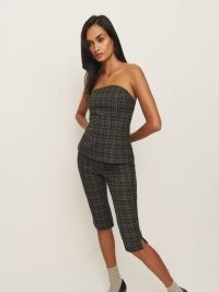 Reformation x Kacey Musgraves Steeplechase Set in Taupe Check / women’s sustainable fashion sets / checked clothing co-ord / fitted bandeau top and matching cropped trousers