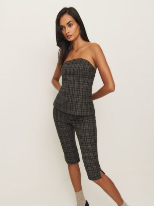 Reformation x Kacey Musgraves Steeplechase Set in Taupe Check / women’s sustainable fashion sets / checked clothing co-ord / fitted bandeau top and matching cropped trousers