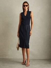 REISS Hallie Textured Pencil Midi Suit Skirt in Navy – womens dark blue front split skirts