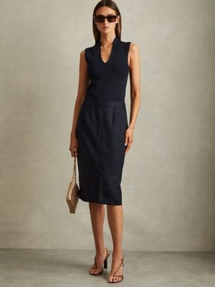 REISS Hallie Textured Pencil Midi Suit Skirt in Navy – womens dark blue front split skirts