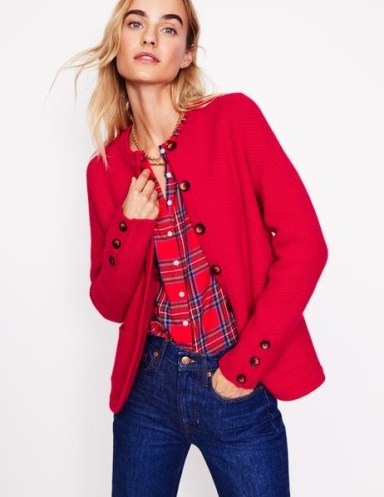 Boden Textured Stitch Cardigan in Rouge Red ~ women’s straight fit button detail cardigans