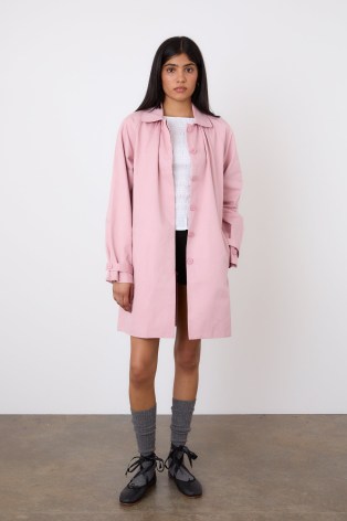 peachy den The Cheri Trench in Rose | pink mid length coats