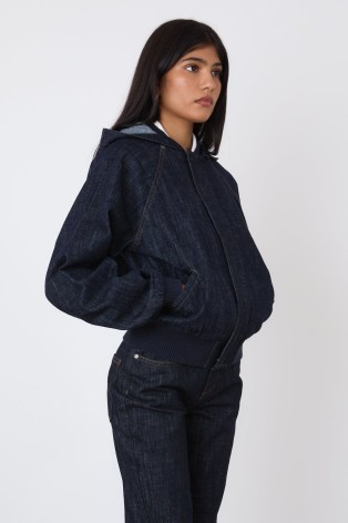 peachy den The Gigi Denim Jacket in Rinse | dark blue hooded jackets