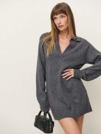 Reformation Maeve Cashmere Polo Dress in Thunder | grey collared relaxed fit sweater dresses | luxury winter fashion | luxe knitted clothing