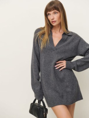 Reformation Maeve Cashmere Polo Dress in Thunder | grey collared relaxed fit sweater dresses | luxury winter fashion | luxe knitted clothing