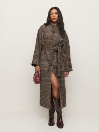 Reformation x Kacey Musgraves Cotswolds Coat in Toffee Plaid / women’s chic longline relaxed fit check print tie waist coats / womens checked outerwear / sustainable winter clothing