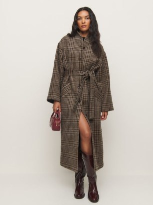 Reformation x Kacey Musgraves Cotswolds Coat in Toffee Plaid / women’s chic longline relaxed fit check print tie waist coats / womens checked outerwear / sustainable winter clothing