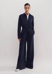 ME AND EM Travel Tailoring Pinstripe Jumpsuit in Navy/White / women’s striped drawcord waist jumpsuits / womens utility style clothing