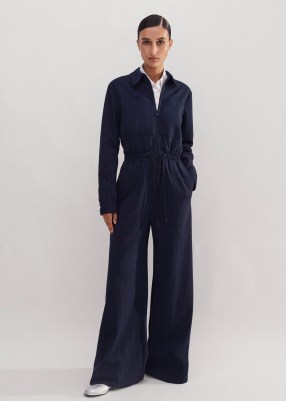 ME AND EM Travel Tailoring Pinstripe Jumpsuit in Navy/White / women’s striped drawcord waist jumpsuits / womens utility style clothing