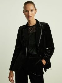 REISS Parisa Velvet Single Breasted Suit Blazer in Black – women’s luxe evening blazers – womens plush jackets