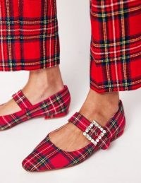 Boden Vic Chisel Toe Mary Janes in Red Tartan | checked embellished buckle Mary Jane flats