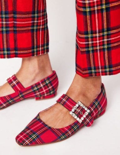 Boden Vic Chisel Toe Mary Janes in Red Tartan | checked embellished buckle Mary Jane flats