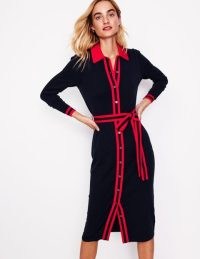 Boden Victoria Knitted Shirt Dress in Navy and Rouge | collared long sleeve tie waist dresses