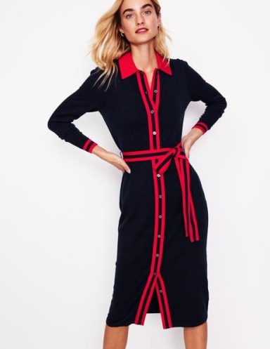 Boden Victoria Knitted Shirt Dress in Navy and Rouge | collared long sleeve tie waist dresses