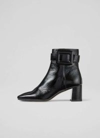 L.K. BENNETT Wilde Black Covered Buckle Ankle Boot ~ women’s buckled patent leather block heel boots