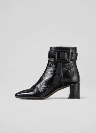 L.K. BENNETT Wilde Black Covered Buckle Ankle Boot ~ women’s buckled patent leather block heel boots