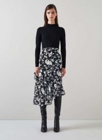 L.K. BENNETT Winona Black & Cream Mono Meadow Frill Detail Aysmetric Skirt / women’s floral skirts with asymmetrical frilled layers