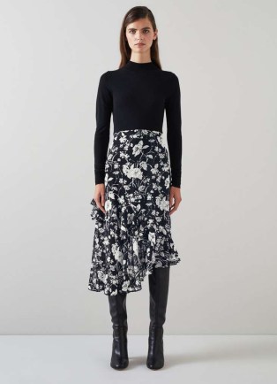 L.K. BENNETT Winona Black & Cream Mono Meadow Frill Detail Aysmetric Skirt / women’s floral skirts with asymmetrical frilled layers