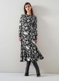 L.K. BENNETT Winona Black & Cream Mono Meadow Print Jacquard Dress / monochrome floral print occasion dresses / womens silk event clothing