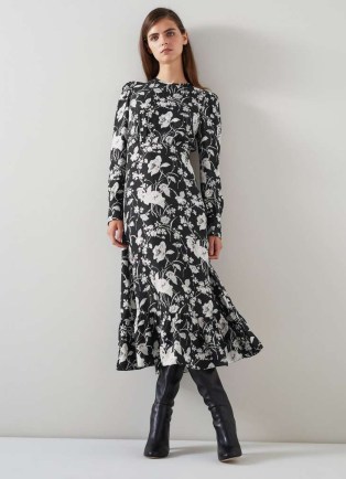 L.K. BENNETT Winona Black & Cream Mono Meadow Print Jacquard Dress / monochrome floral print occasion dresses / womens silk event clothing