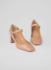 L.K. BENNETT Winter Carnation Mary Jane Block Heel ~ luxe pink crinkle patent leather Mary Janes ~ luxury square toe front strap and buckle court shoes